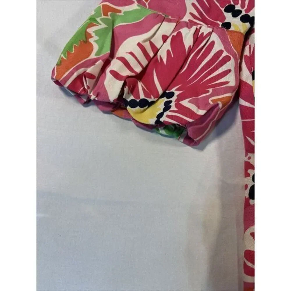 Lilly‎ Pulitzer Pink Floral Gold Metallic Puff Sleeve Blouse Top Women Size 0